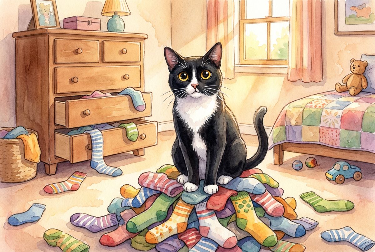 Maximus Prime, a tuxedo cat, sitting on a pile of stolen socks